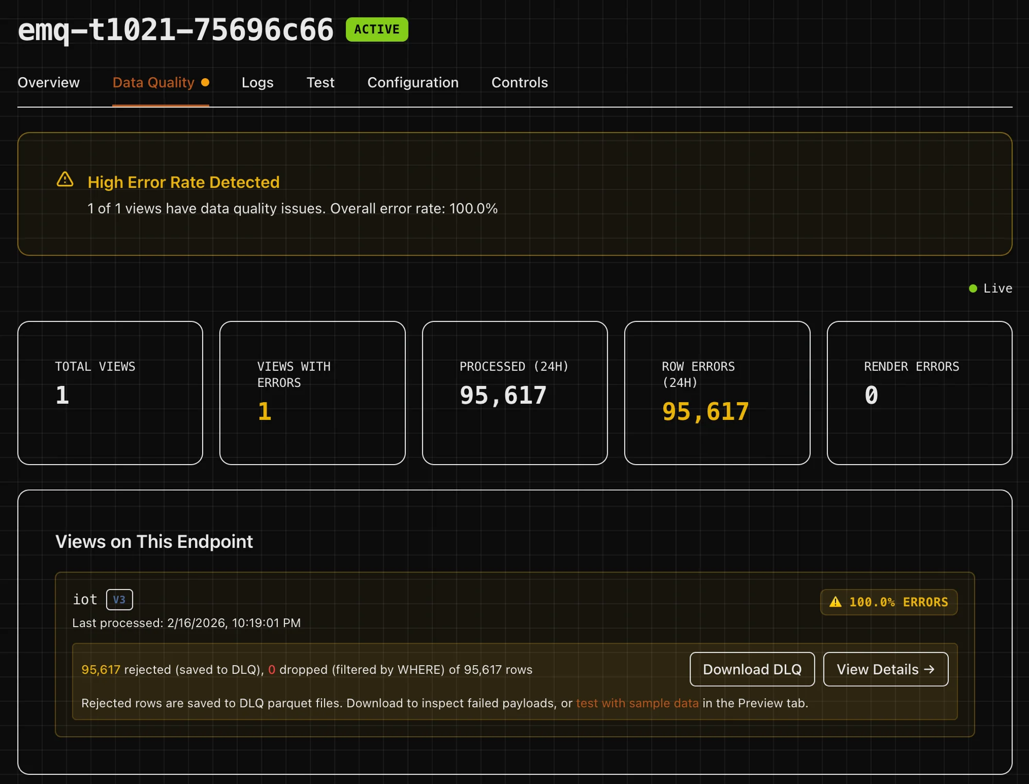 Data Quality dashboard showing processed, accepted, and rejected row counts with DLQ breakdown