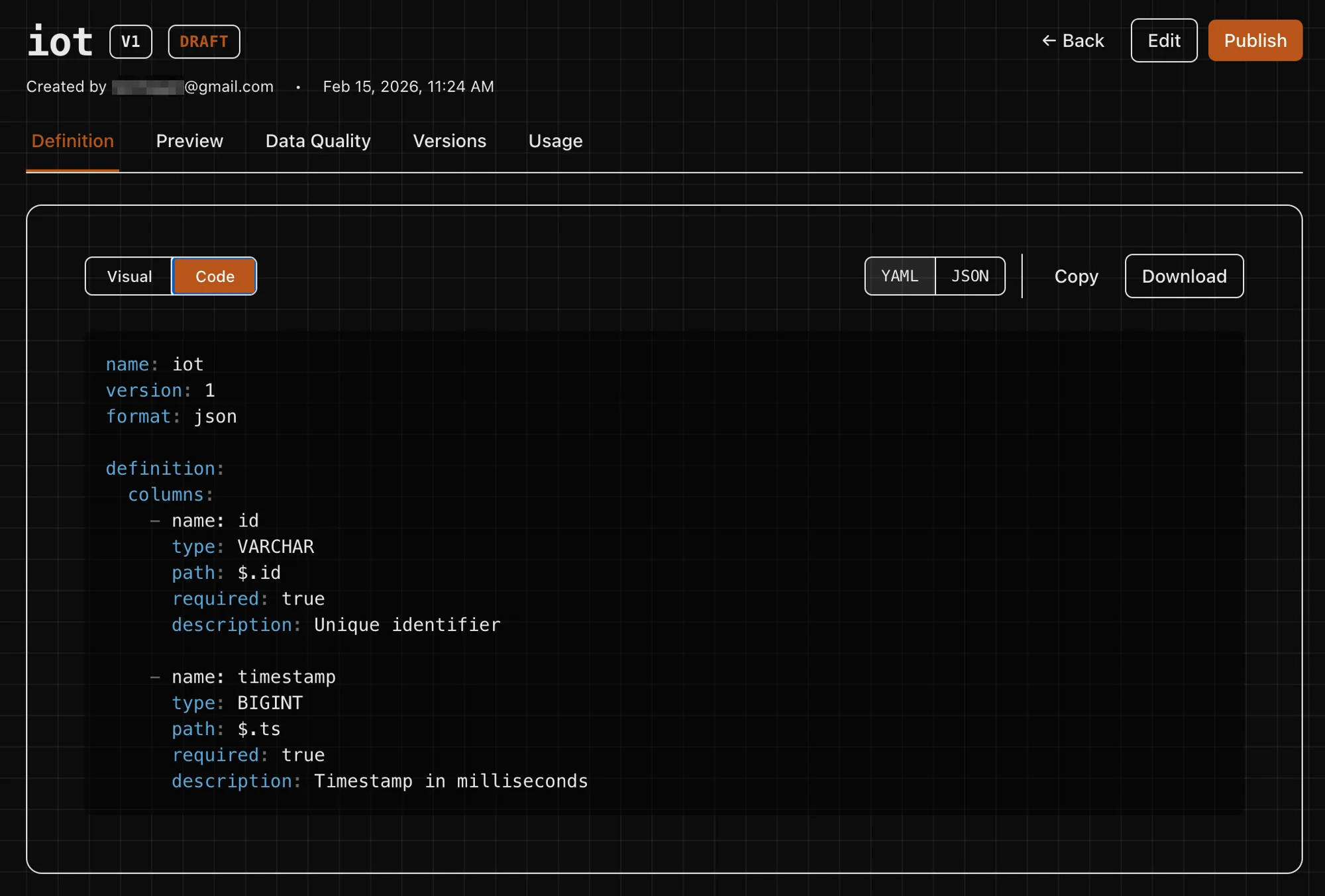 View Definition editor showing YAML schema with typed columns, JSONPath extraction, and code view